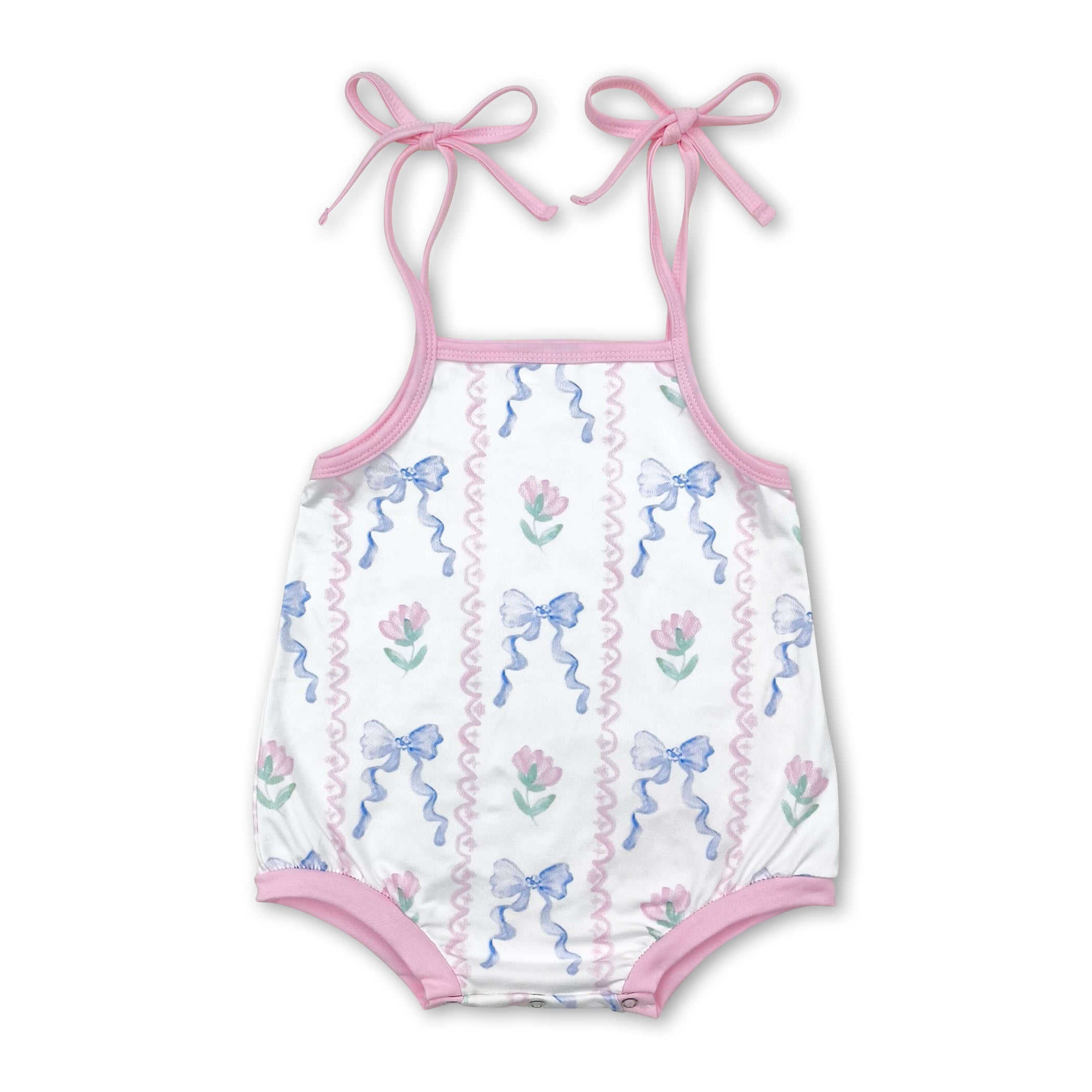 Pink Straps Floral Light Blue Bow Baby Girls Romper