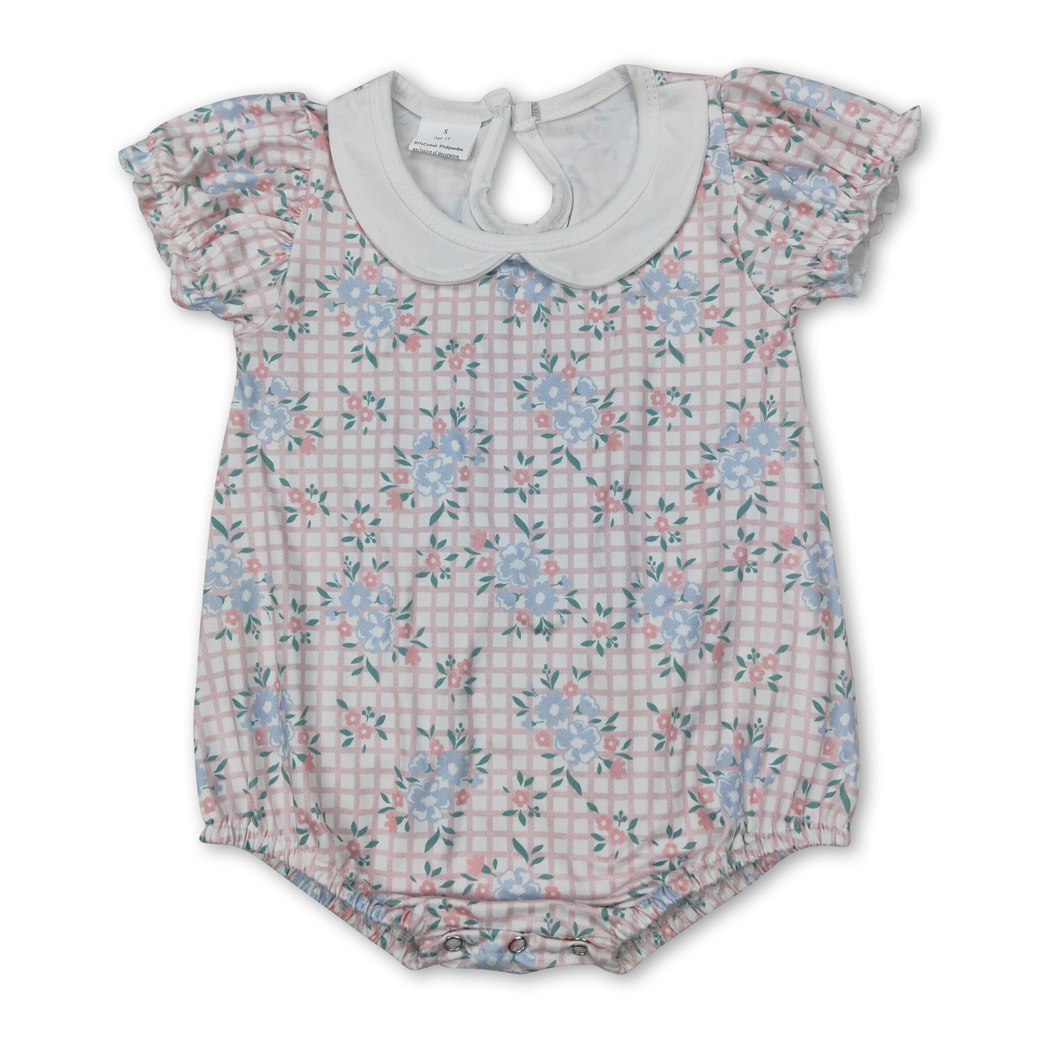 Short Sleeves Pink Plaid Floral Baby Girls Romper