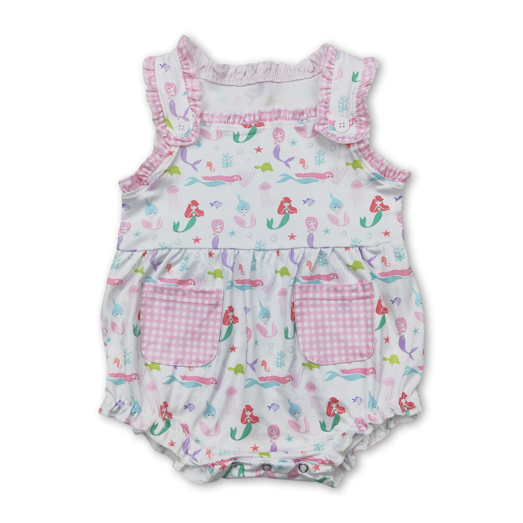 Sleeveless Plaid Pockets Octopus Fish Turtle Mermaid Baby Girls Romper