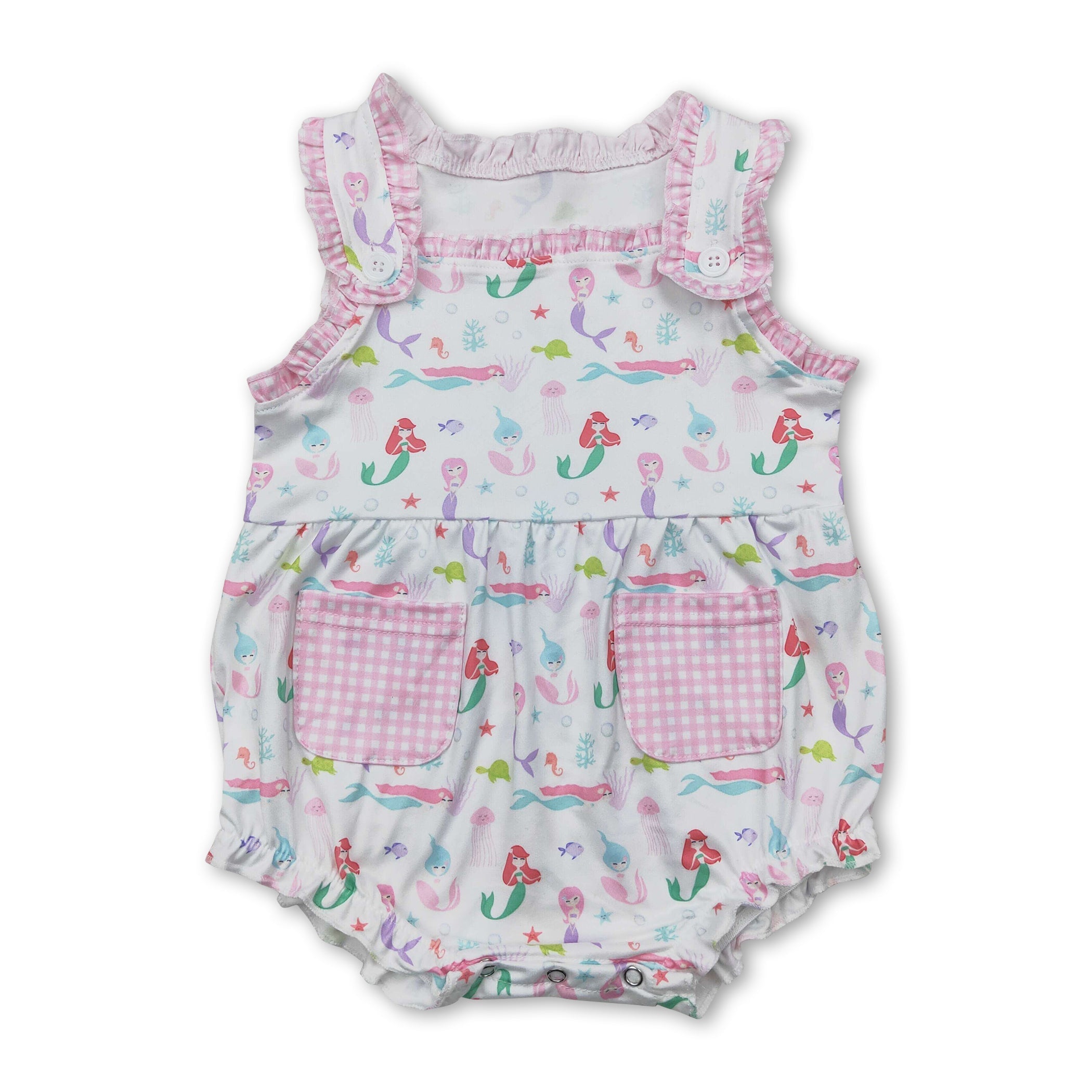 Sleeveless Plaid Pockets Octopus Fish Turtle Mermaid Baby Girls Romper