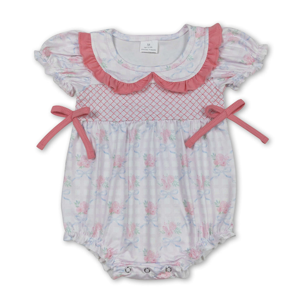 Short Sleeve Floral Bow Plaid Baby Girls Summer Romper