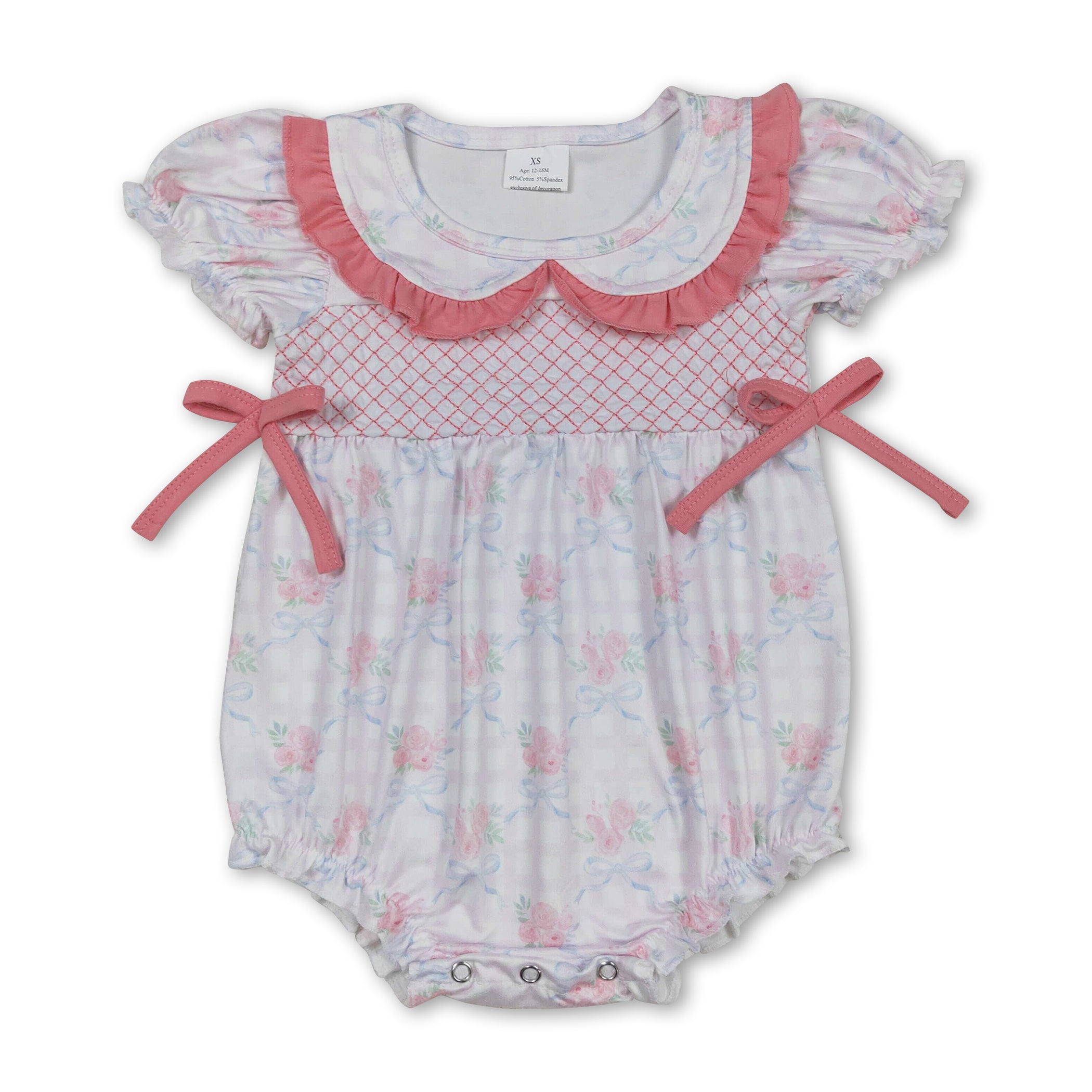Short Sleeve Floral Bow Plaid Baby Girls Summer Romper