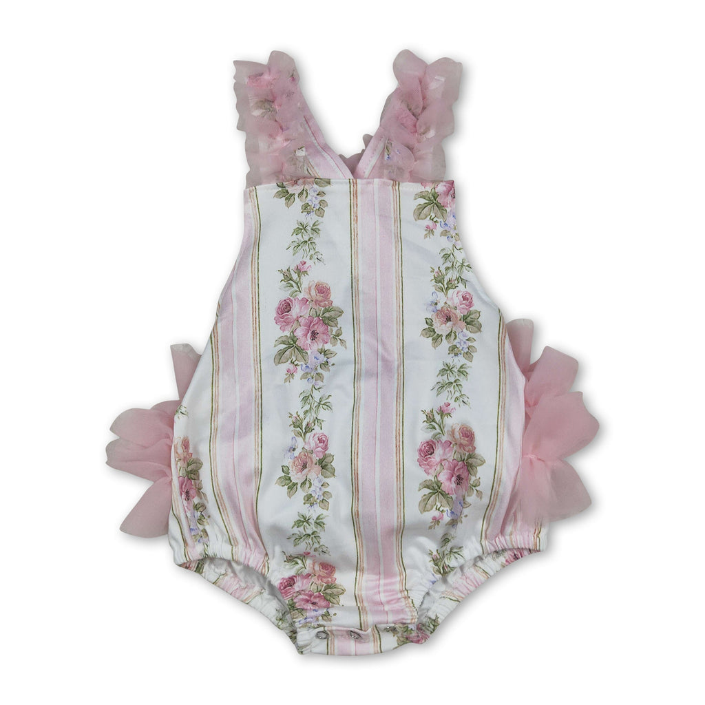Pink Tulle Ruffle Floral Straps Baby Girls Summer Romper