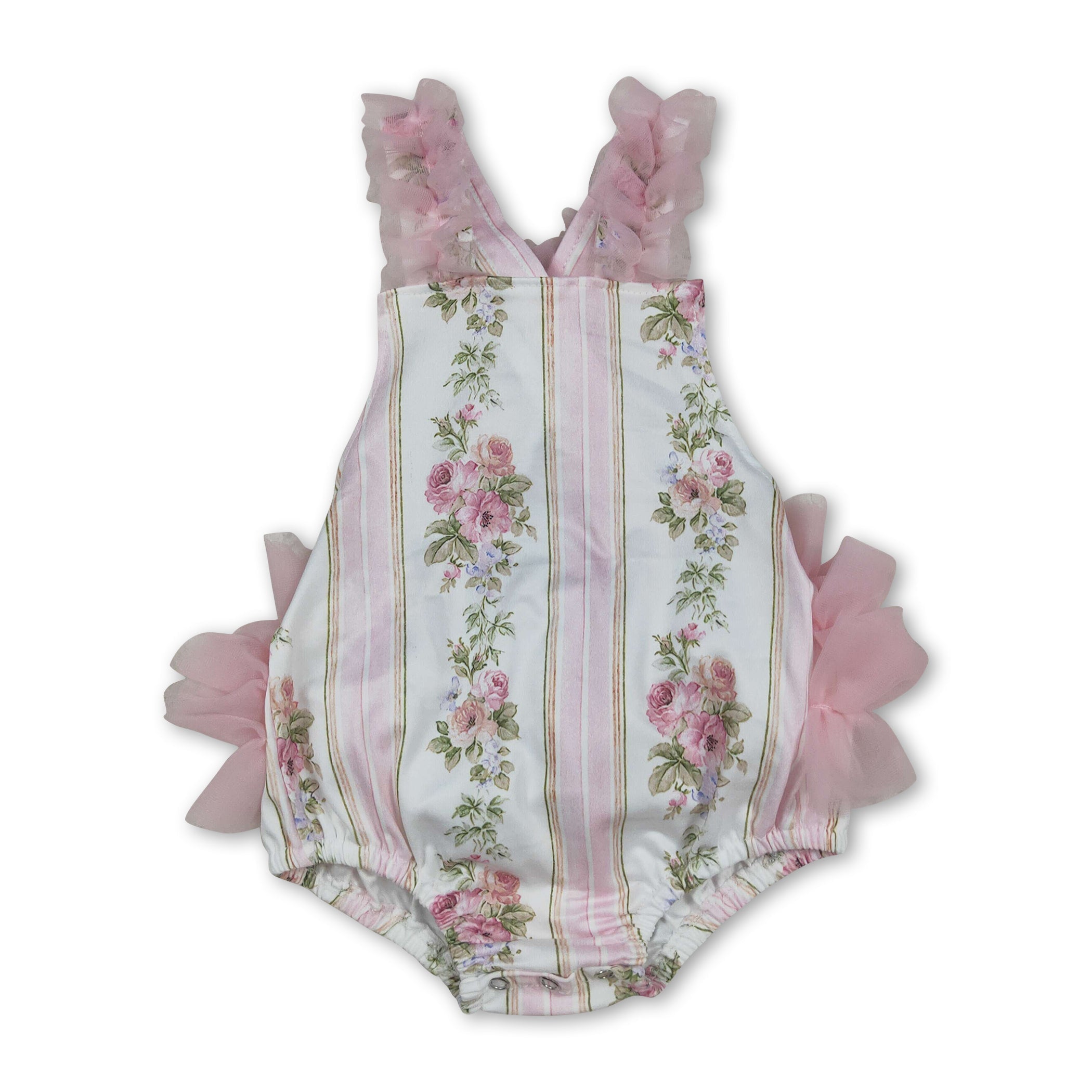 Pink Tulle Ruffle Floral Straps Baby Girls Summer Romper