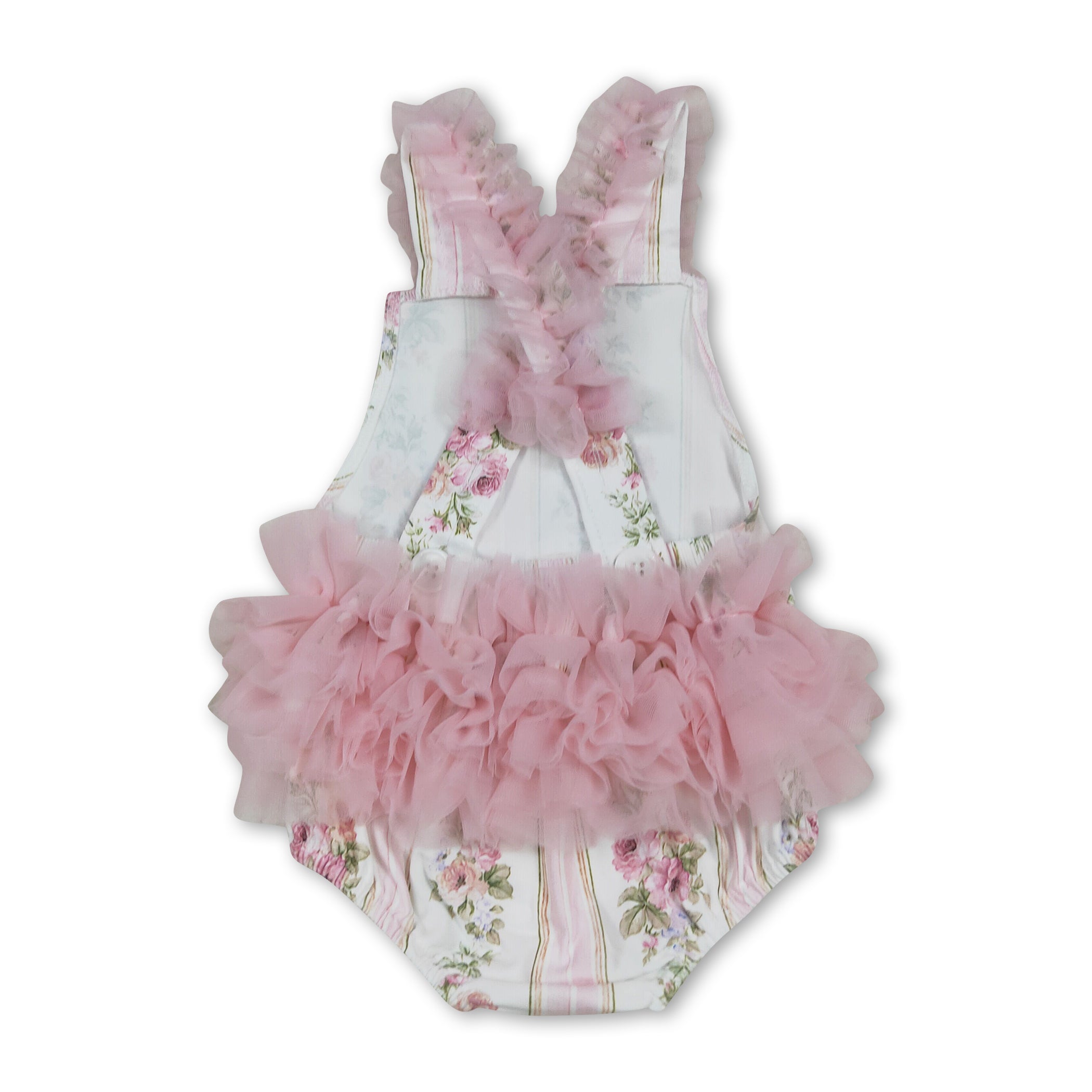 Pink Tulle Ruffle Floral Straps Baby Girls Summer Romper