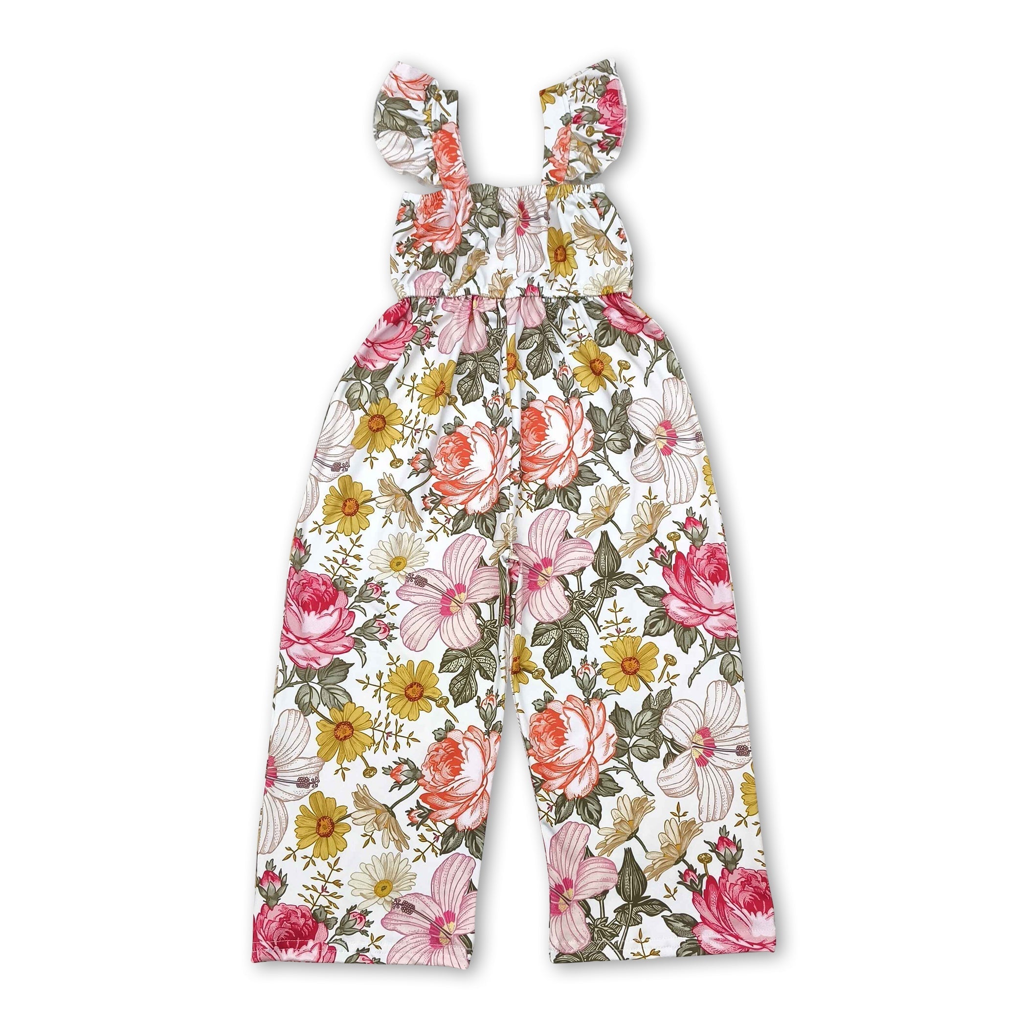 Flutter Sleeves Pink White Floral Kids Girls Summer Jumpsuit
