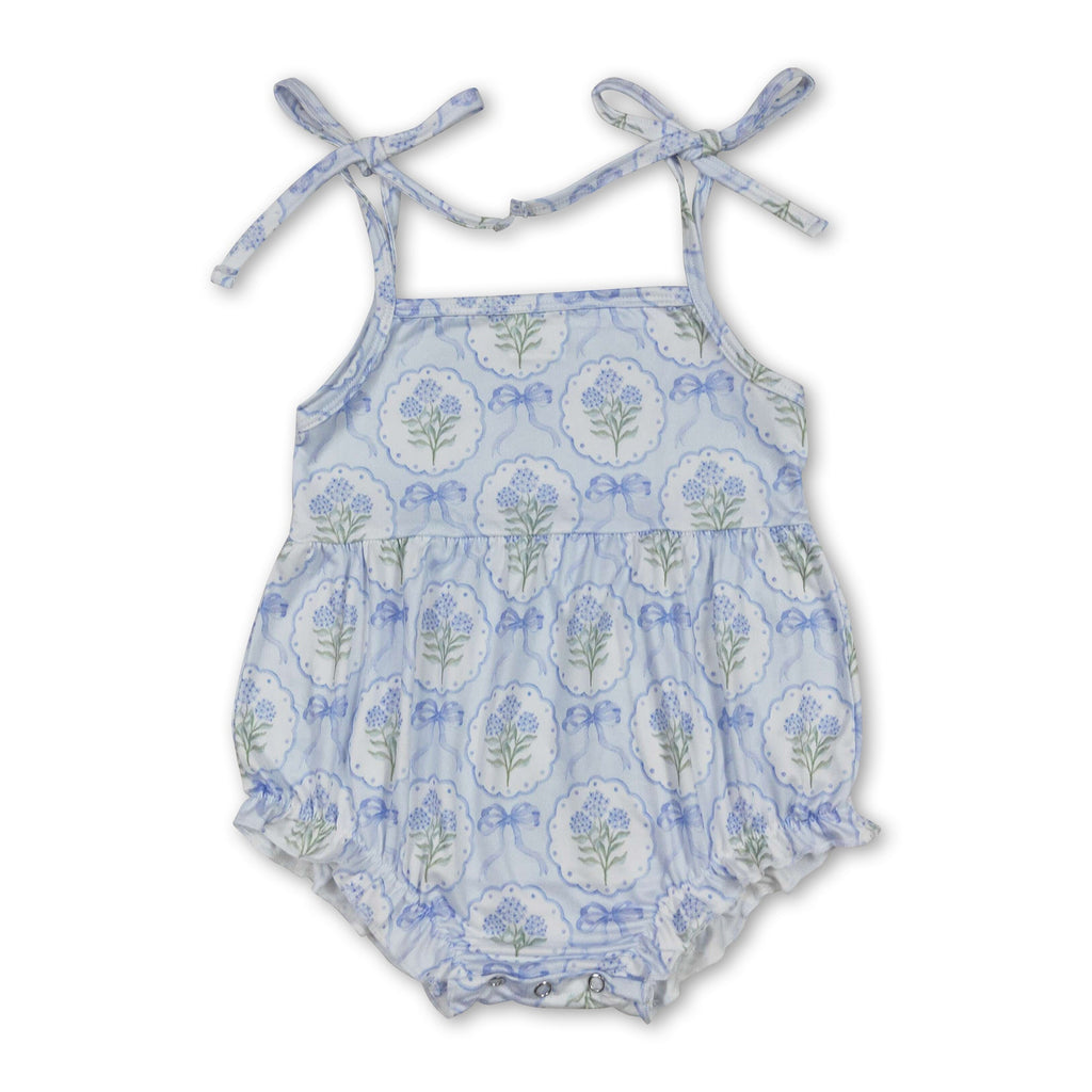 Straps Blue Bow Floral Baby Girls Summer Romper
