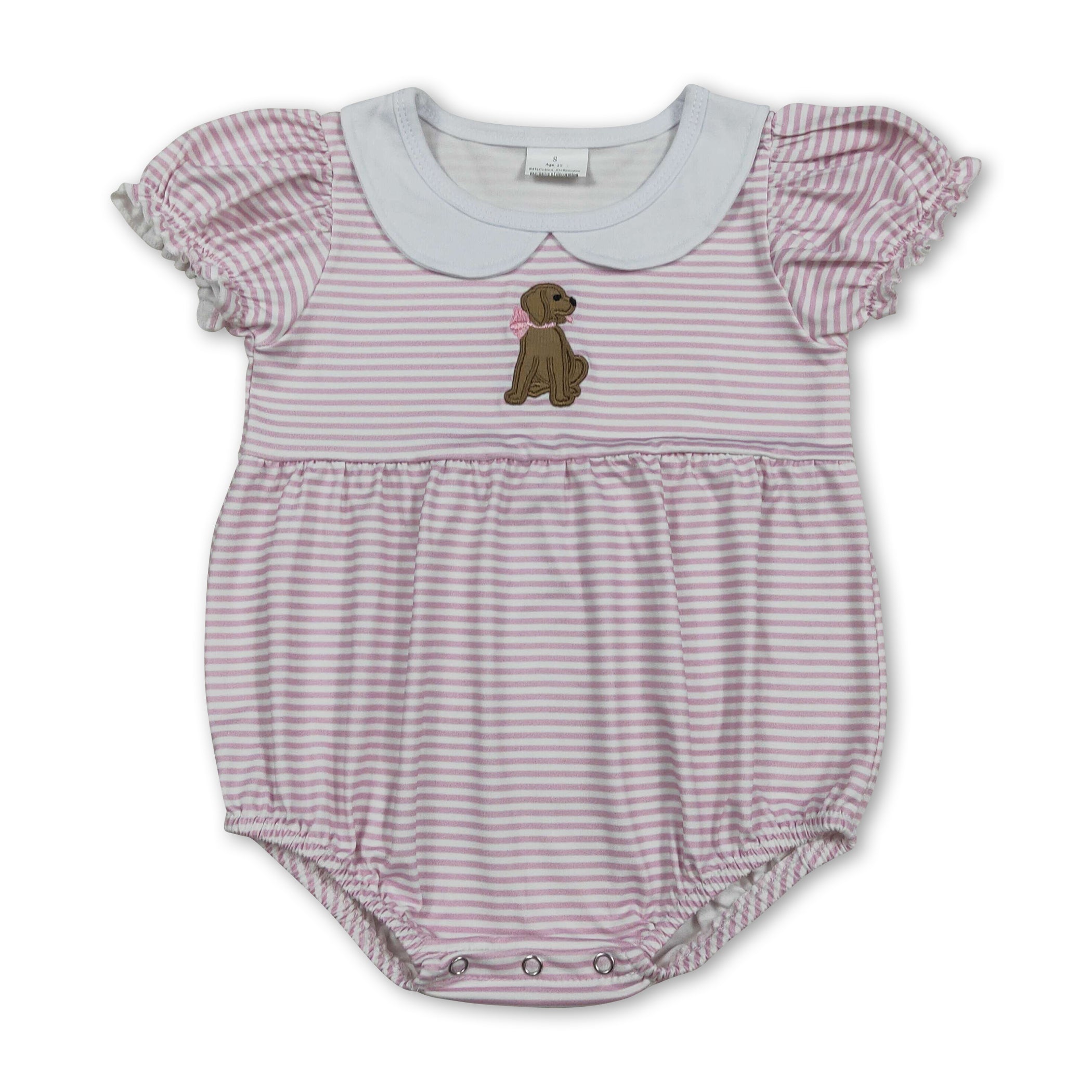 Pink Stripe Short Sleeves Dog Baby Girls Romper