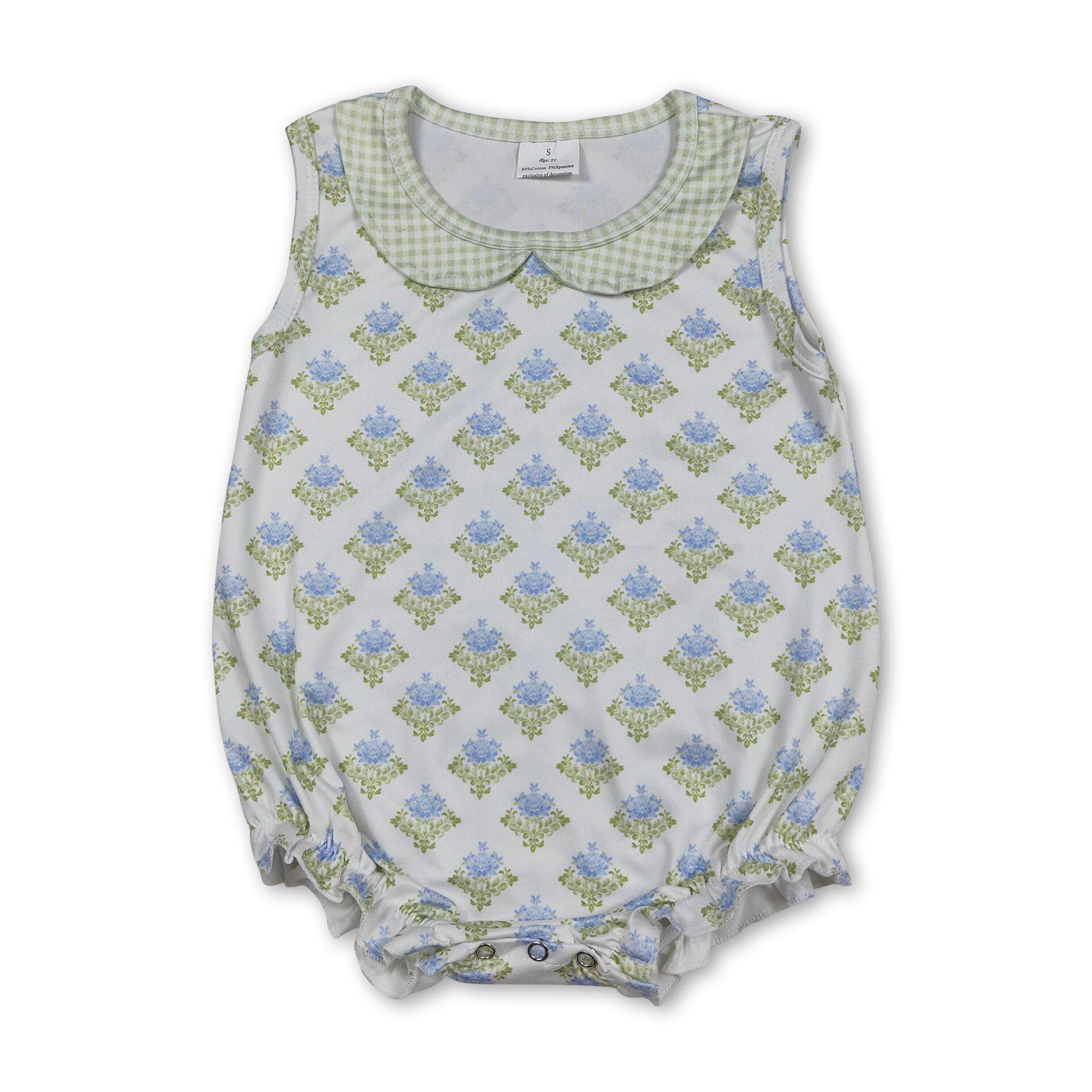 Sleeveless Green Light Blue Floral Baby Girls Summer Romper