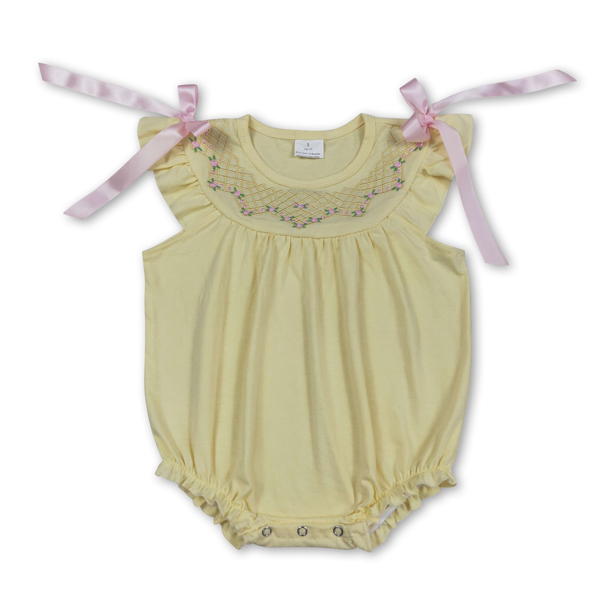 Flutter Sleeves Yellow Floral Embroidery Baby Girls Romper