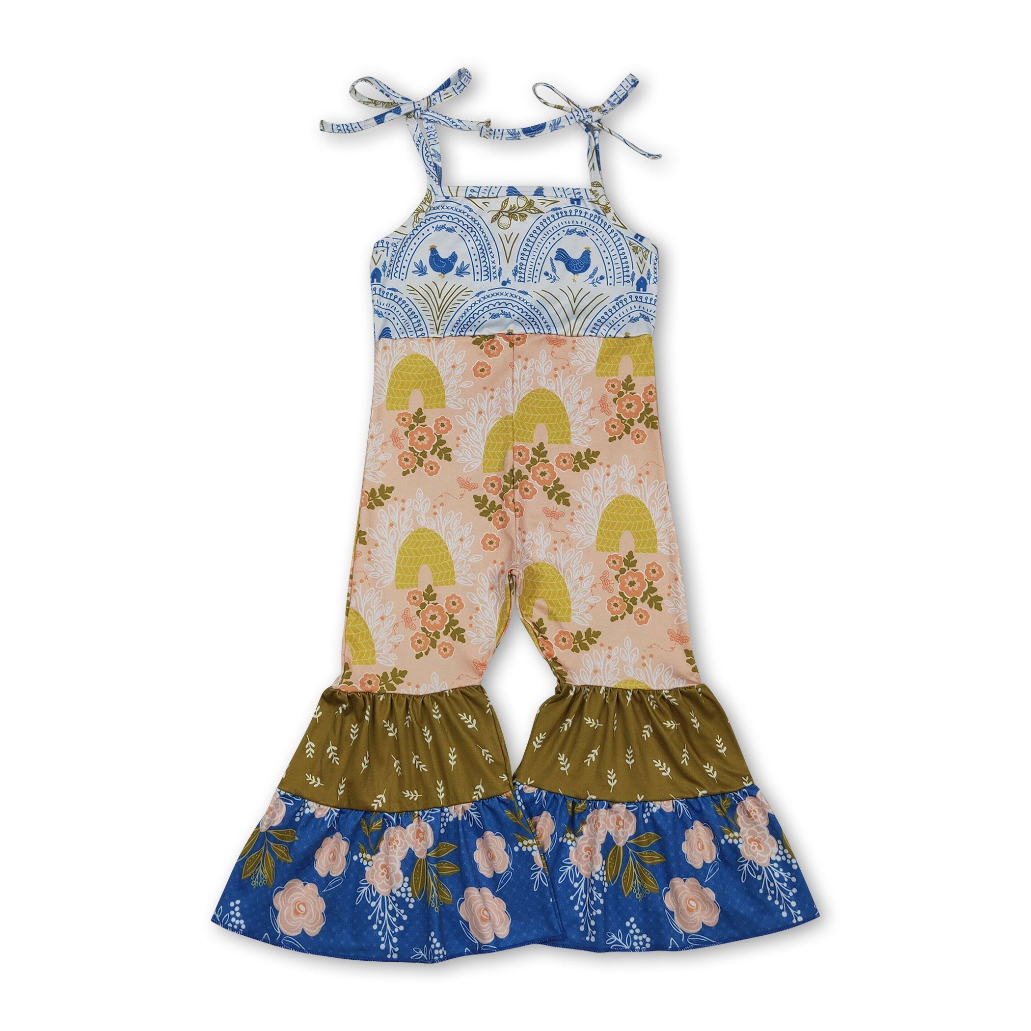 Straps Chicken Floral Patchwork Kids Girls Jumpsuit