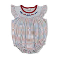 Red Blue Bow Embroidery Polka Dots Girl 4th of July Romper