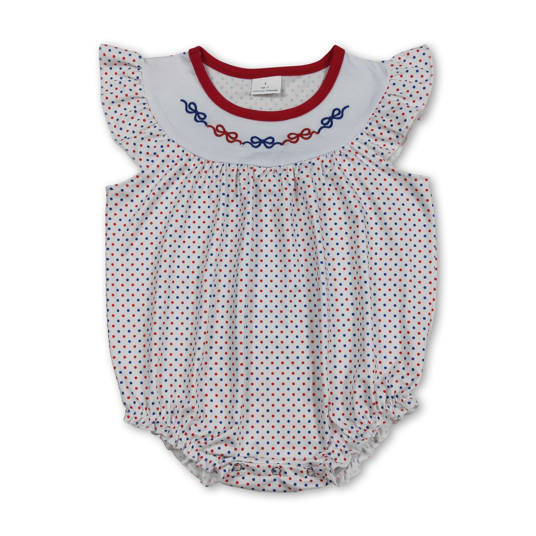 Red Blue Bow Embroidery Polka Dots Girl 4th of July Romper