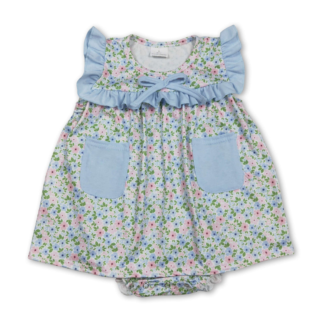 Light Blue Ruffle Floral Pockets Baby Girls Romper