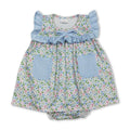 Light Blue Ruffle Floral Pockets Baby Girls Romper