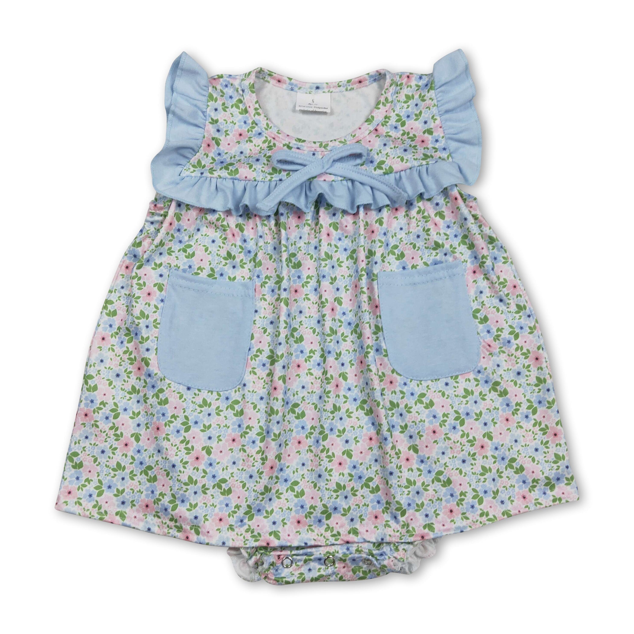 Light Blue Ruffle Floral Pockets Baby Girls Romper