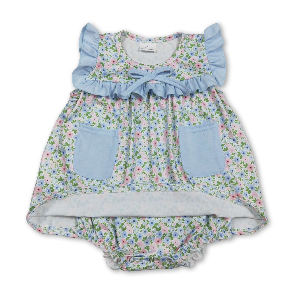Light Blue Ruffle Floral Pockets Baby Girls Romper