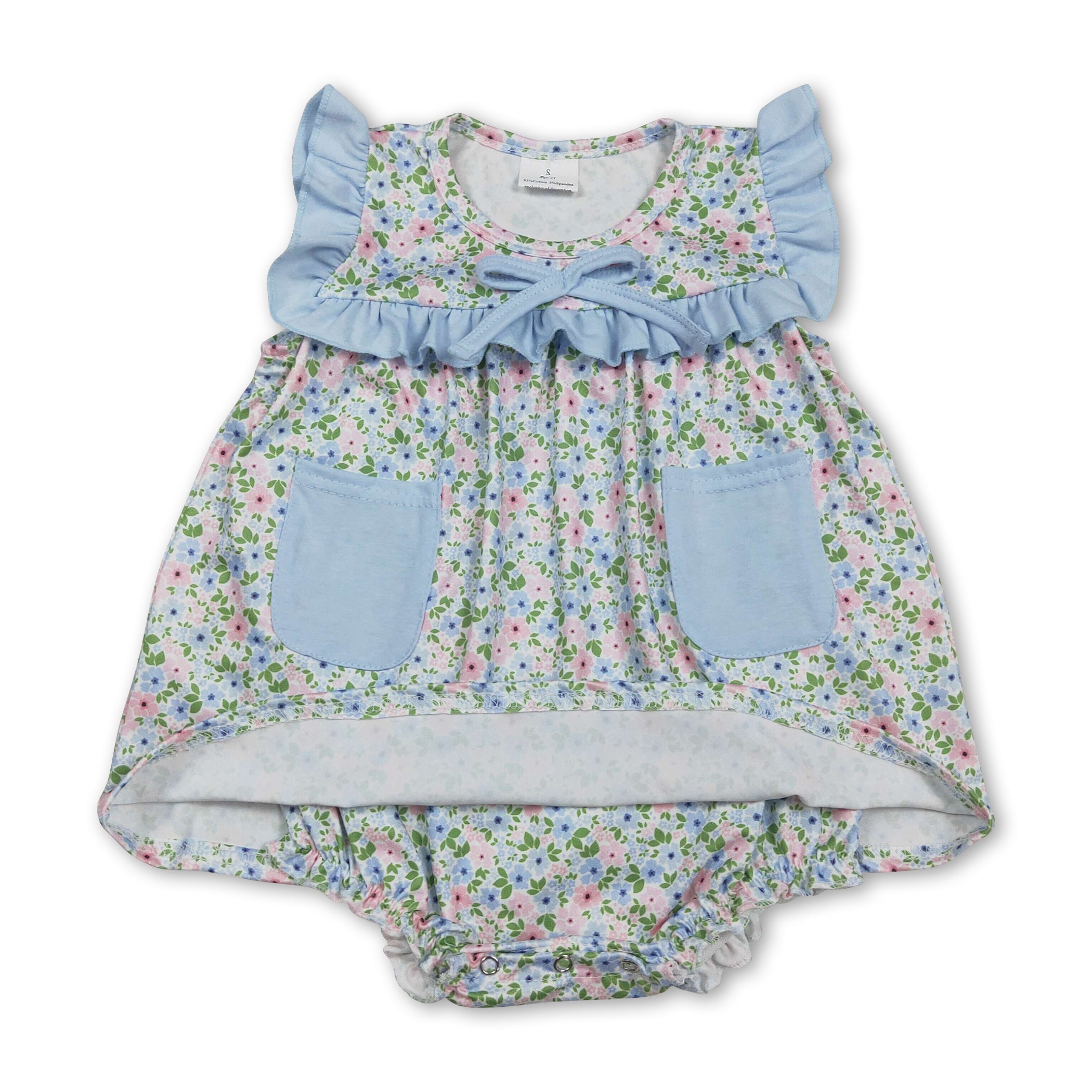 Light Blue Ruffle Floral Pockets Baby Girls Romper