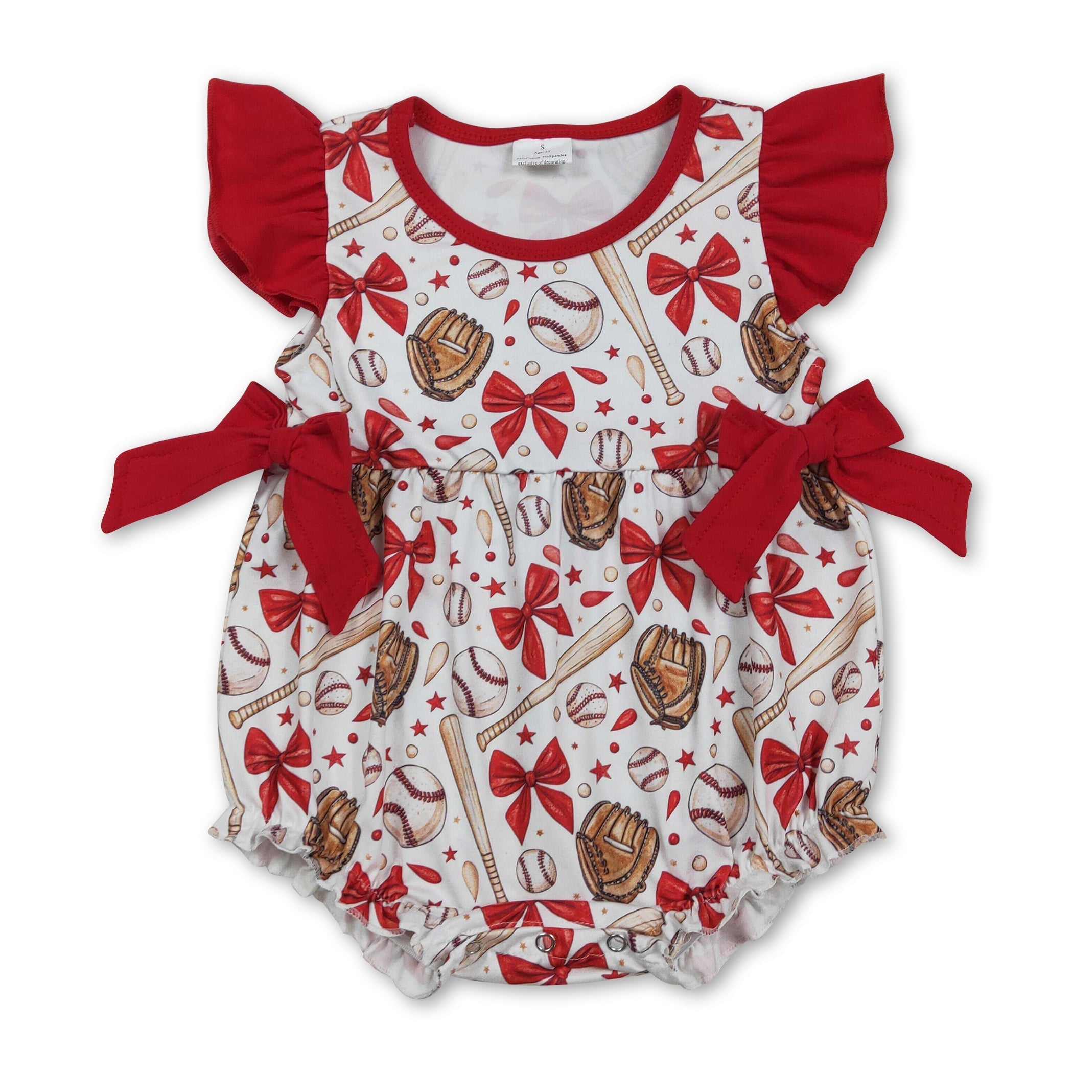 Flutter Sleeves Red Bow Baseball Baby Girls Romper