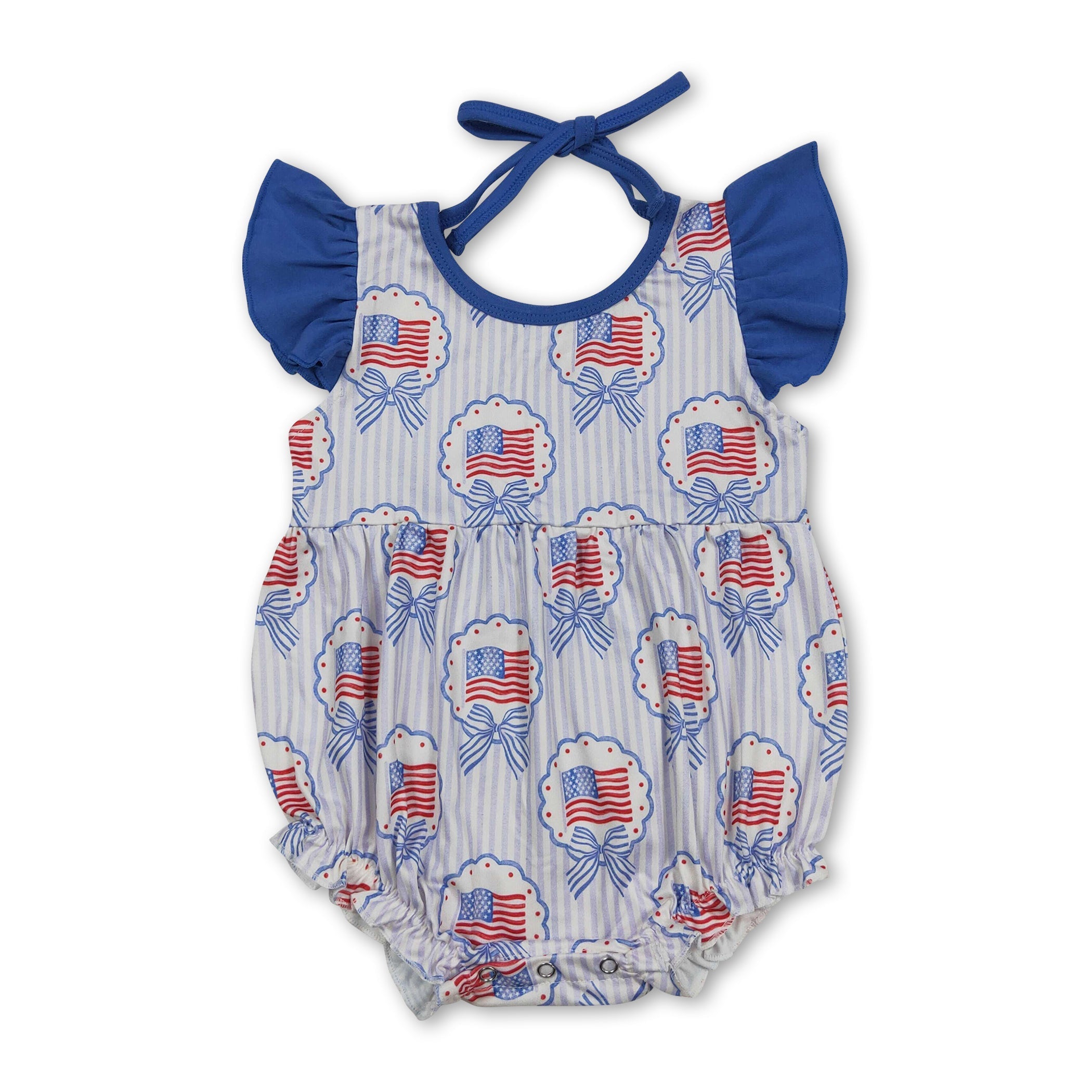 Flutter Sleeves Bow Flag Stripe Baby Girls 4th of July Romper