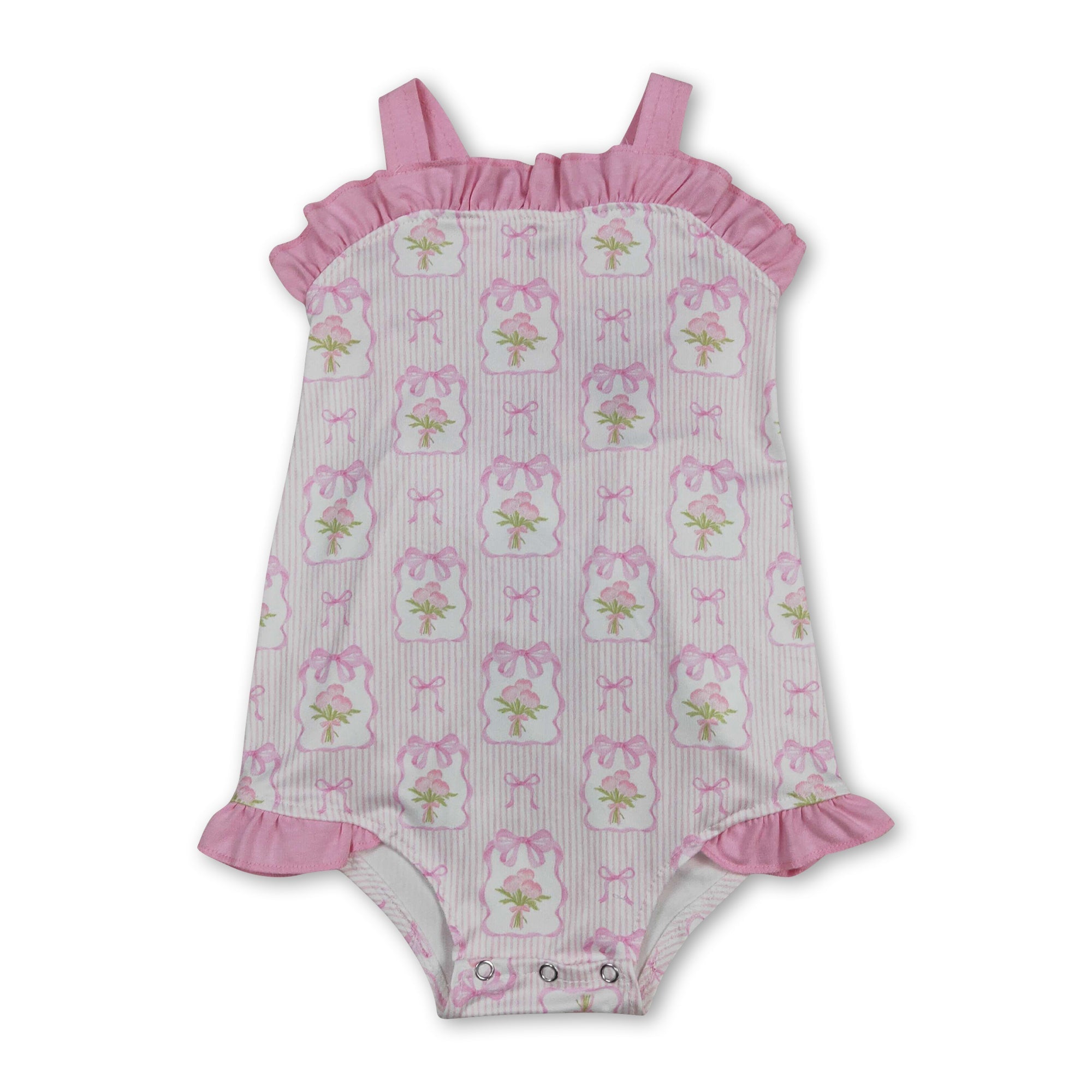 Pink Straps Stripe Bow Floral Baby Girls Summer Romper