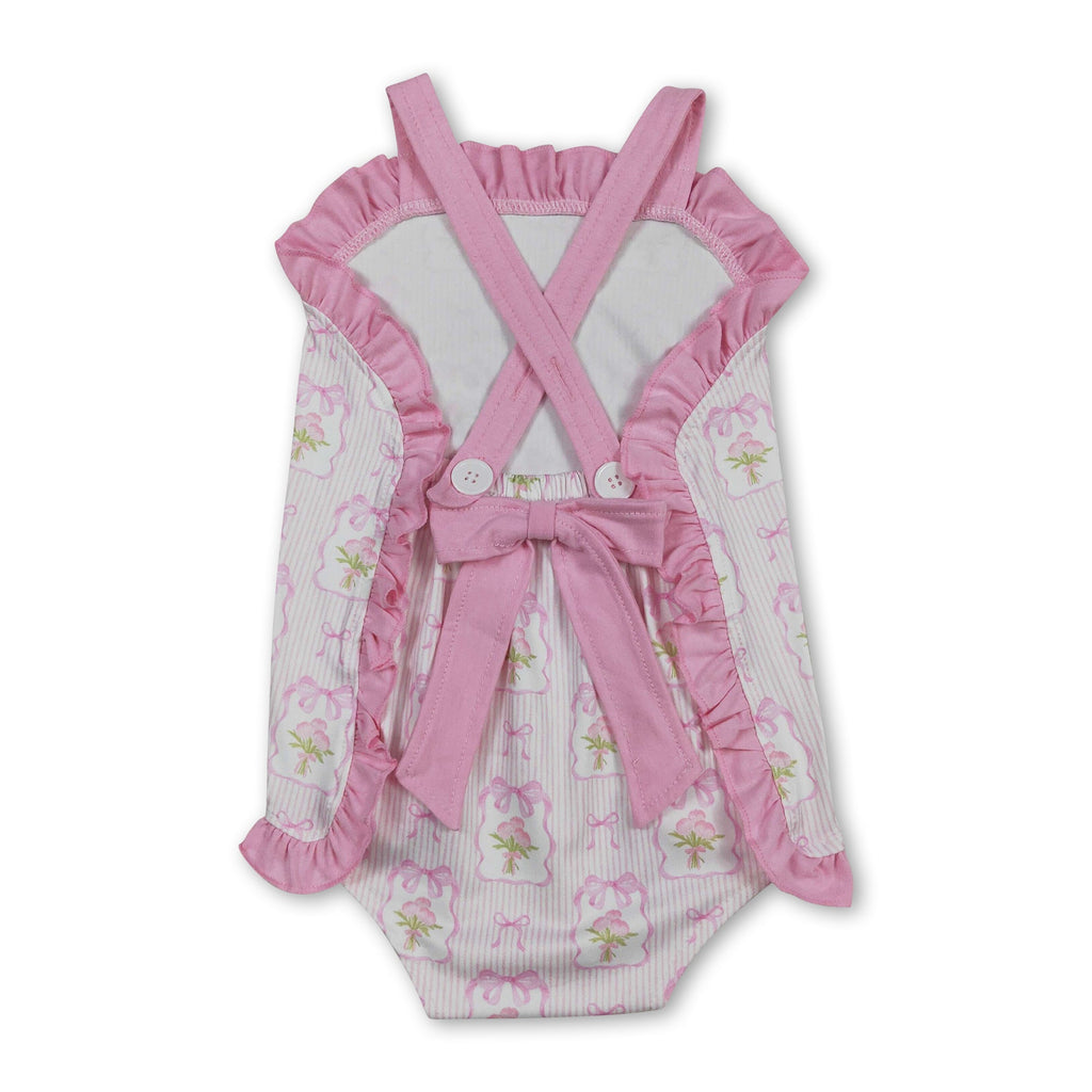 Pink Straps Stripe Bow Floral Baby Girls Summer Romper