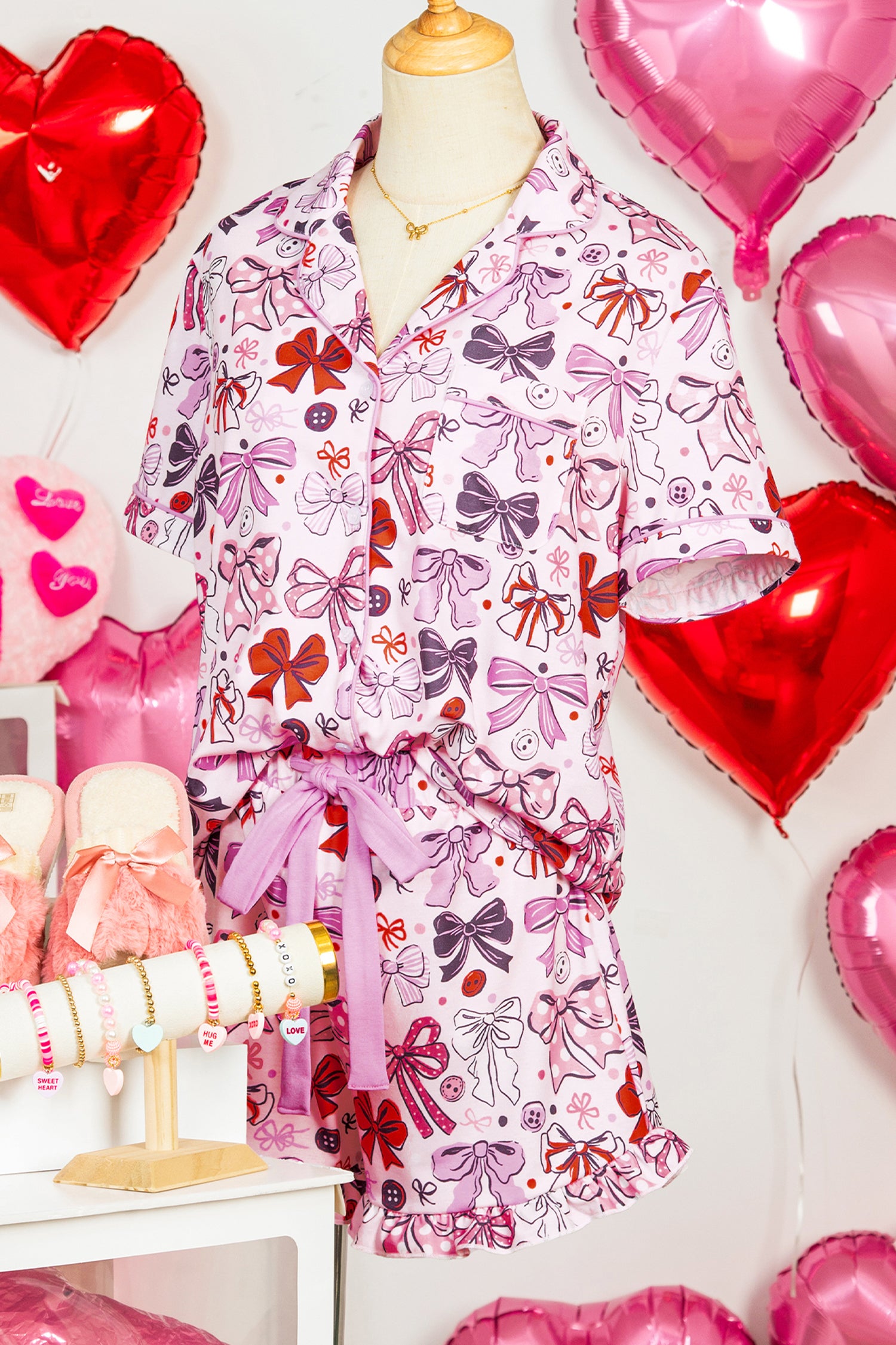 Pink Cute Ribbon Bows Printed 2pcs Short Pajama Set