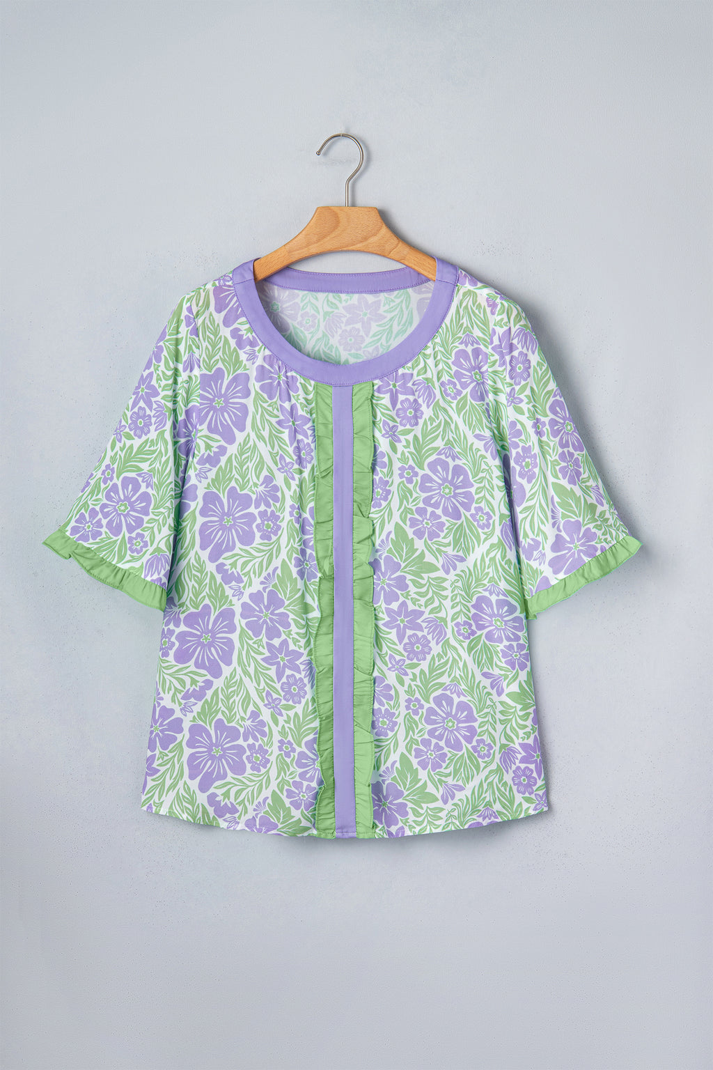 Sky Blue Floral Print Ruffled Color Block Trim Half Sleeve Blouse
