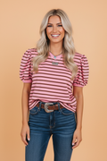 Stripe Ribbed Trim V-Neck Puff Sleeve Top