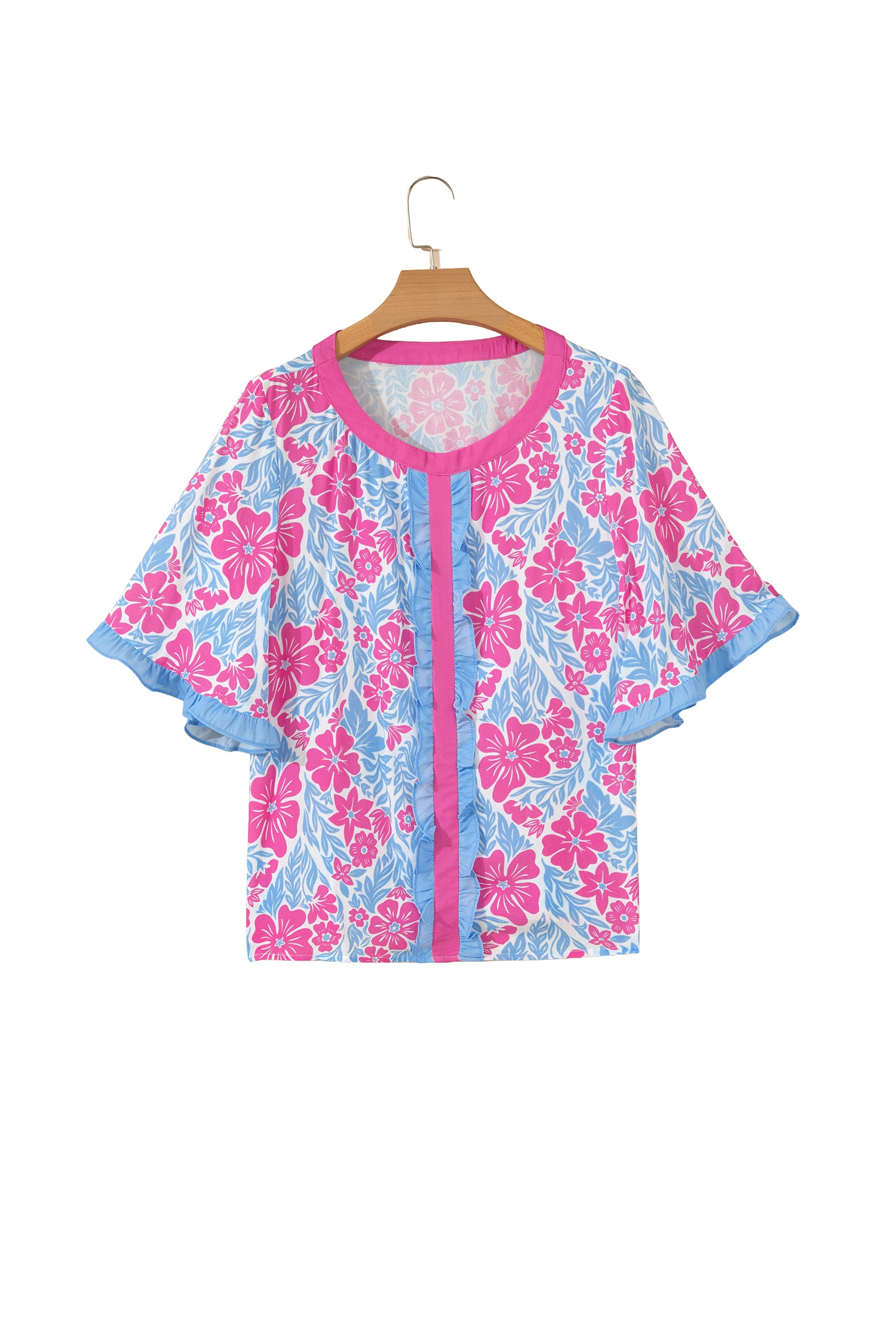 Sky Blue Floral Print Ruffled Color Block Trim Half Sleeve Blouse