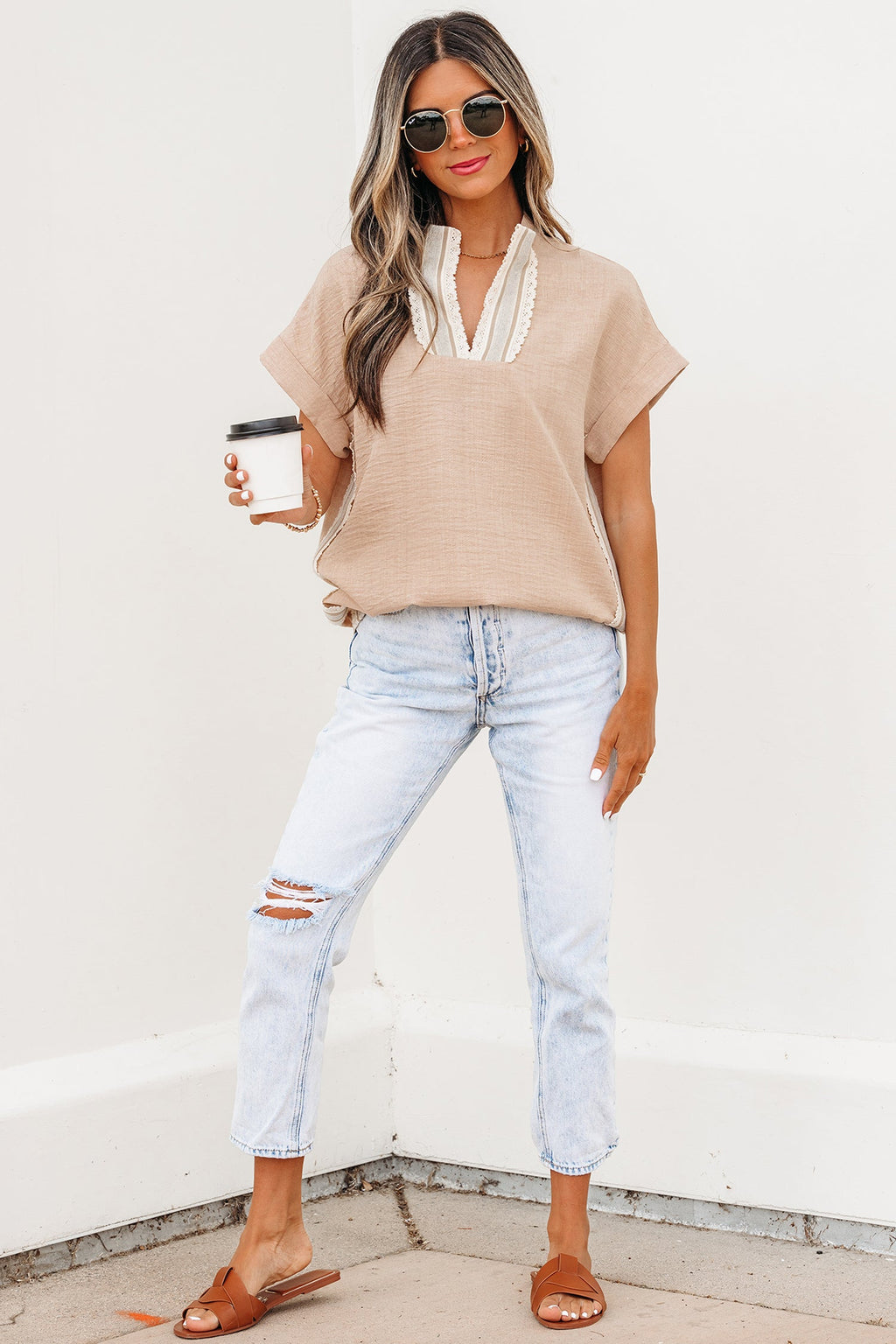 Crochet Lace Trim Rolled Short Sleeve Blouse