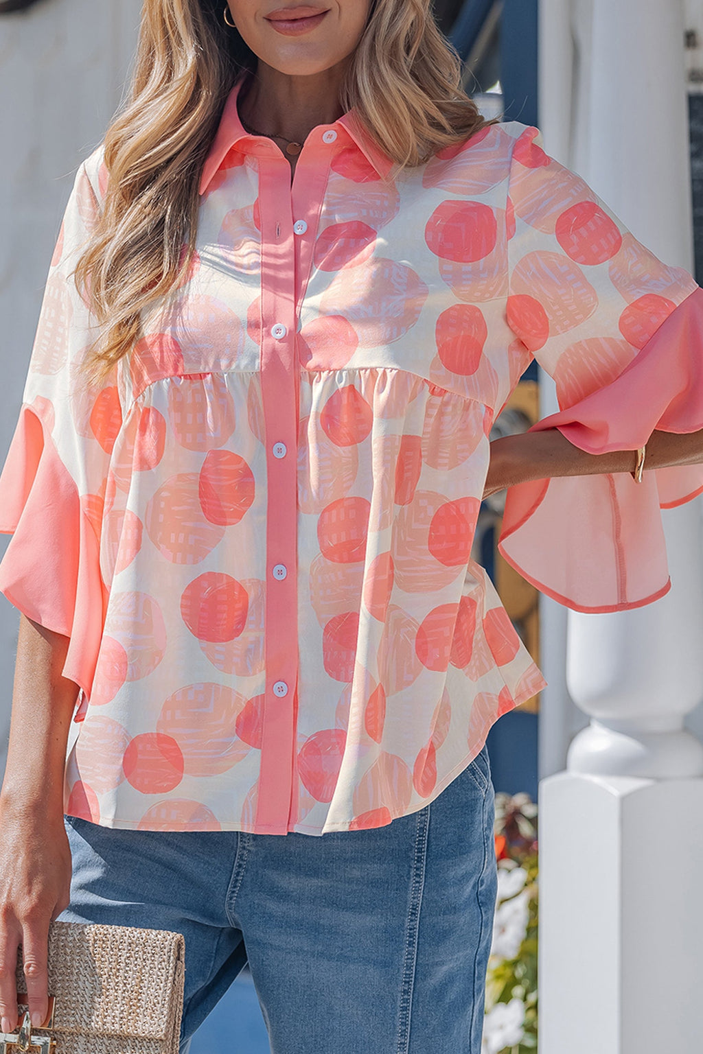 Polka Dot Ruffle Short Sleeve Babydoll Shirt