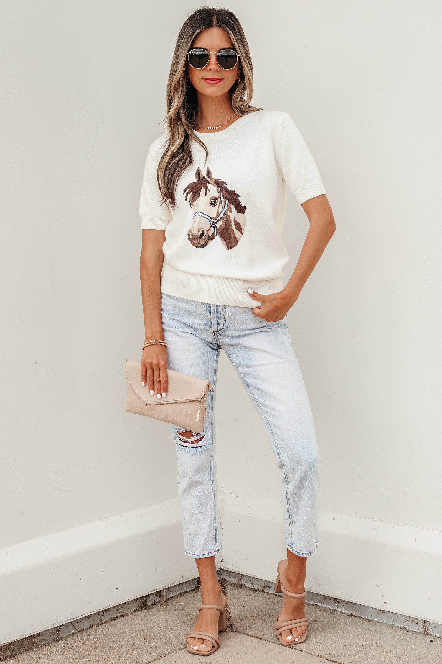 Western Horse Head Short Sleeve Sweater