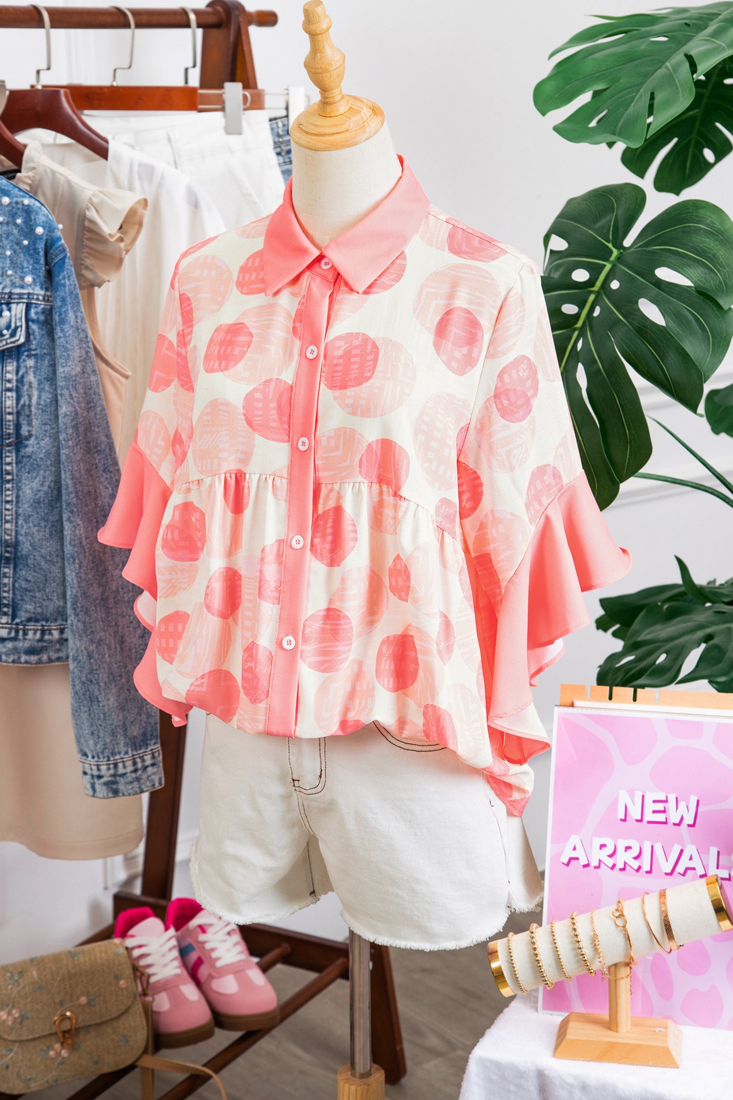 Polka Dot Ruffle Short Sleeve Babydoll Shirt