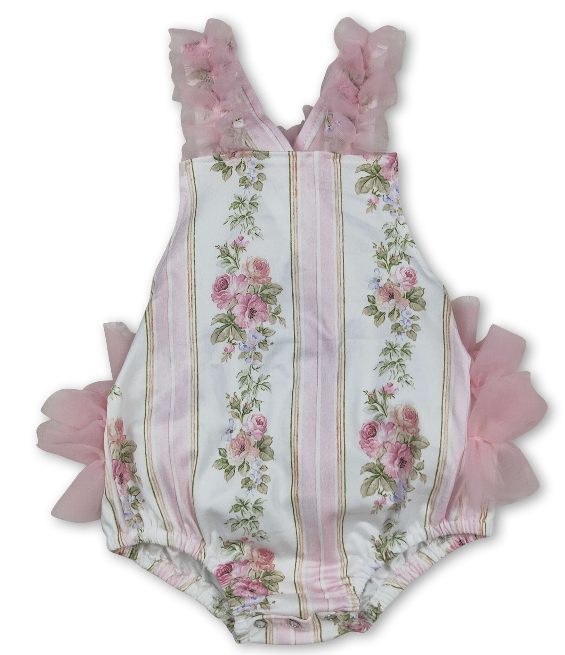 Pink Tulle Ruffle Floral Straps Baby Girls Summer Romper