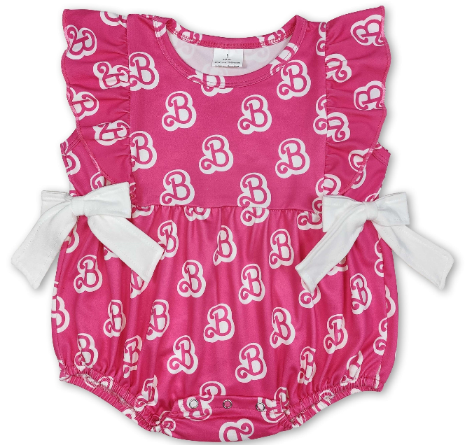 Ruffle Hot Pink B Bow Party Baby Girls Romper