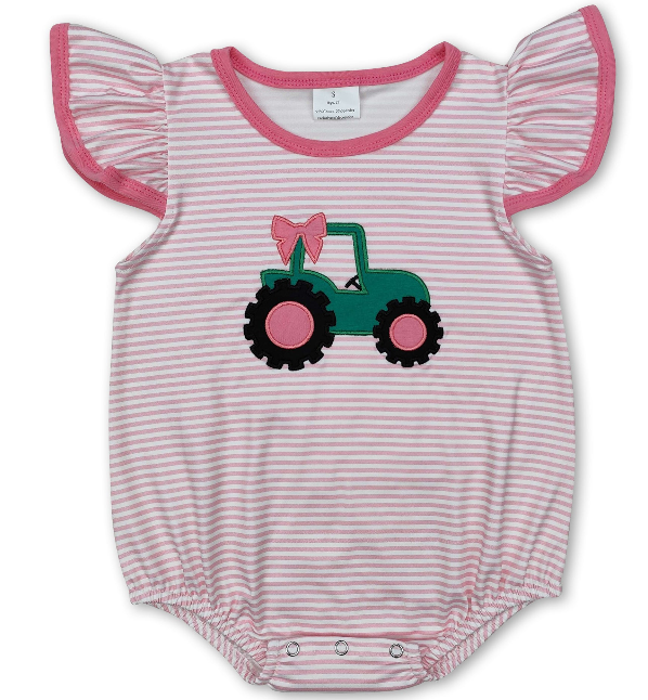 Flutter Sleeves Pink Stripe Tractor Baby Girl Romper