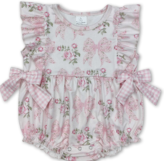 Flutter Sleeves Floral Plaid Bow Baby Girls Romper
