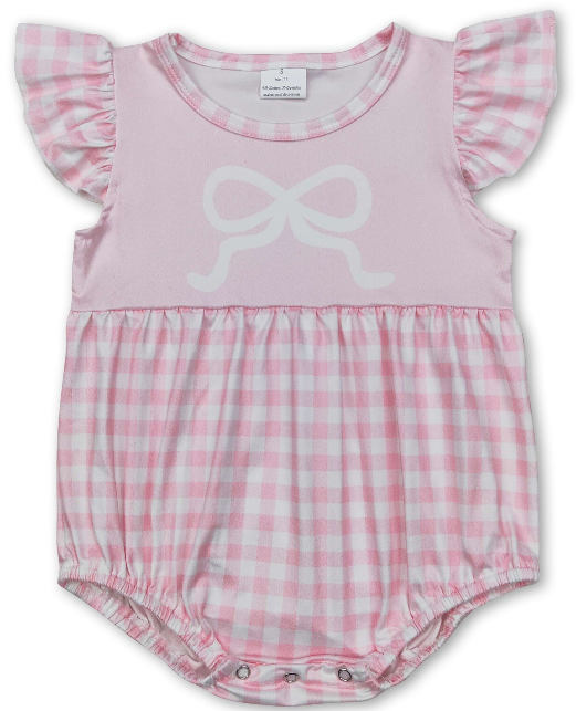 Pink Flutter Sleeves Plaid Bow Baby GirlsRomper