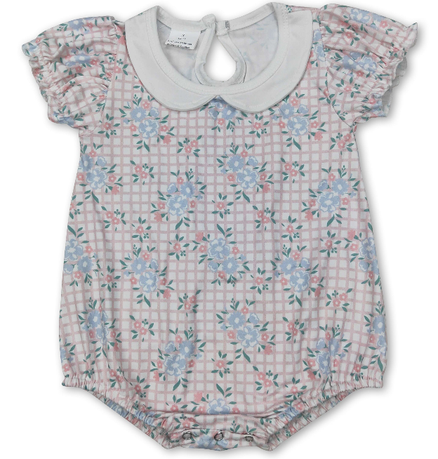 Short Sleeves Pink Plaid Floral Baby Girls Romper