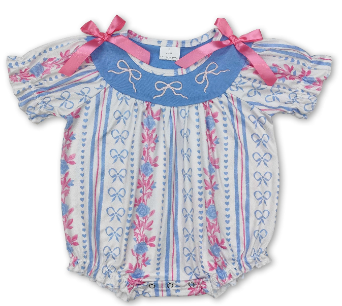 Short Sleeves Stripe Light Blue Bow Floral Baby Girls Romper
