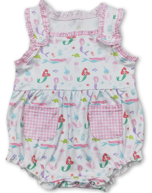 Sleeveless Plaid Pockets Octopus Fish Turtle Mermaid Baby Girls Romper