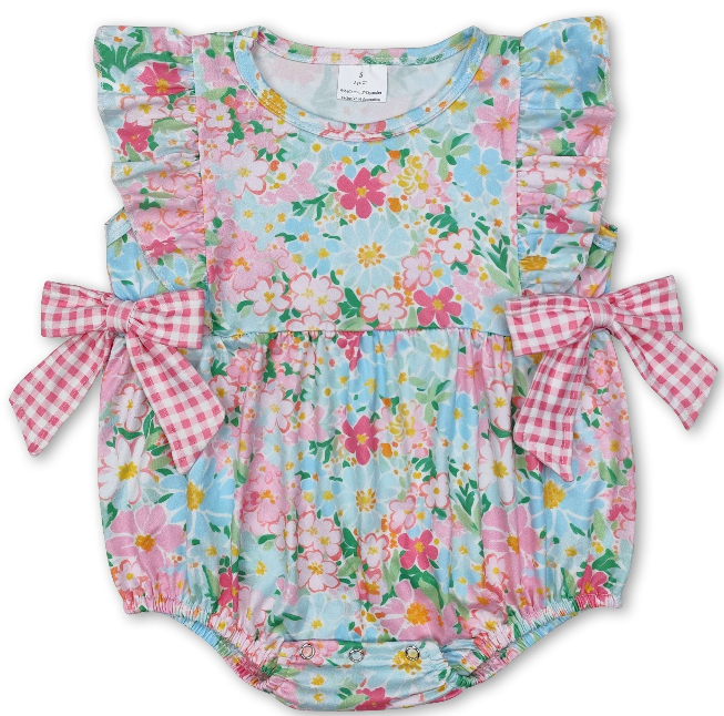 Ruffle Floral Pink Plaid Bow Baby Girls Summer Romper