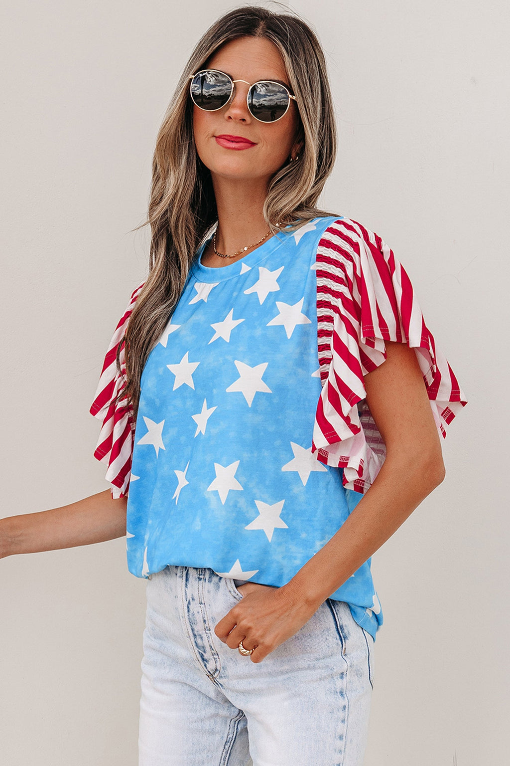 Stars & Stripes Mineral Wash Ruffle Sleeve Top