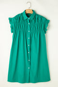 Solid Shirred Ruffle Sleeve Buttoned Mini Dress