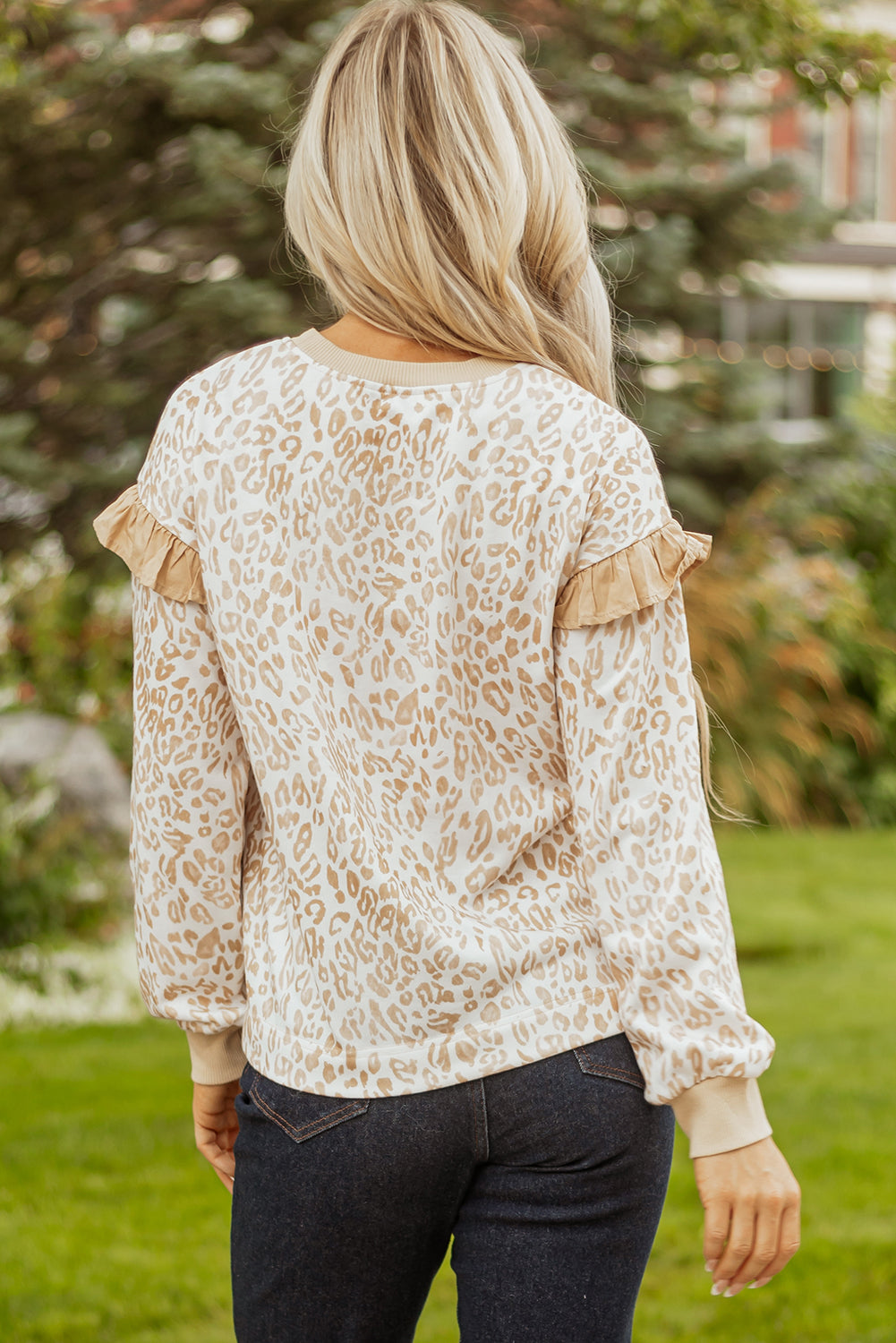Leopard Ruffle Ribbed Trim Round Neck Sweatshirt