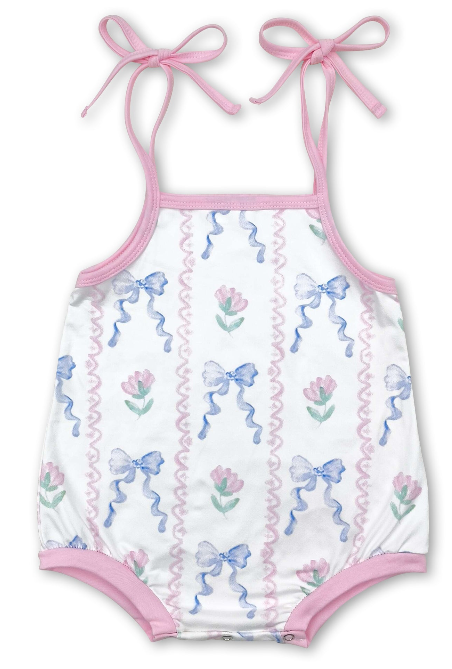 Pink Straps Floral Light Blue Bow Baby Girls Romper