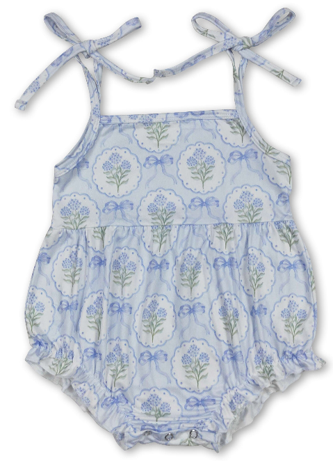 Straps Blue Bow Floral Baby Girls Summer Romper