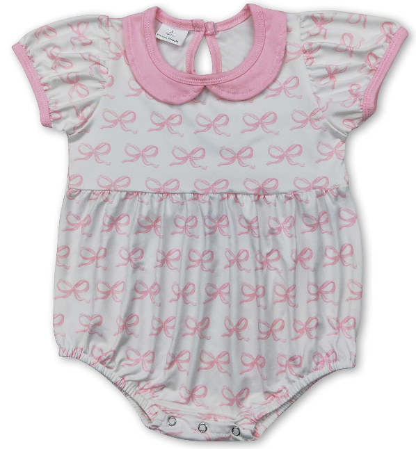 Short Sleeve Pink Bow Baby Girls Summer Romper