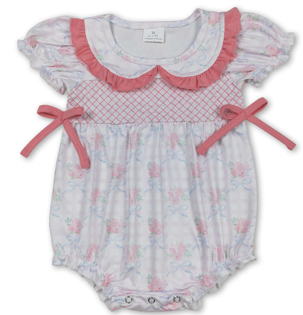 Short Sleeve Floral Bow Plaid Baby Girls Summer Romper